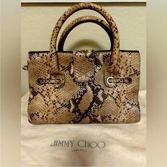 Jimmy Choo Rosalie Python-Embossed Handbag Tan Snake Print Satchel - Picture 7 of 15